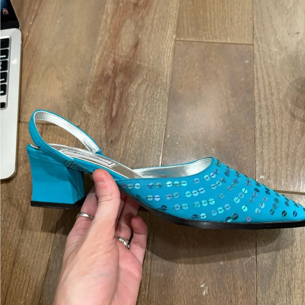 Diane Gilman Turquoise Sequin Slingback Mules - Picture 3 of 3